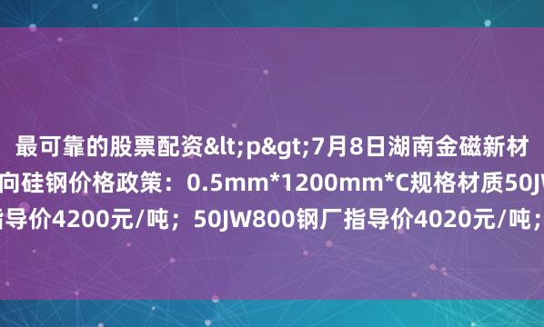 最可靠的股票配资<p>7月8日湖南金磁新材料科技有限公司出台无取向硅钢价格政策：0.5mm*1200mm*C规格材质50JW600钢厂指导价4200元/吨；50JW800钢厂指导价4020元/吨； 较上期下调30元/吨。</p>